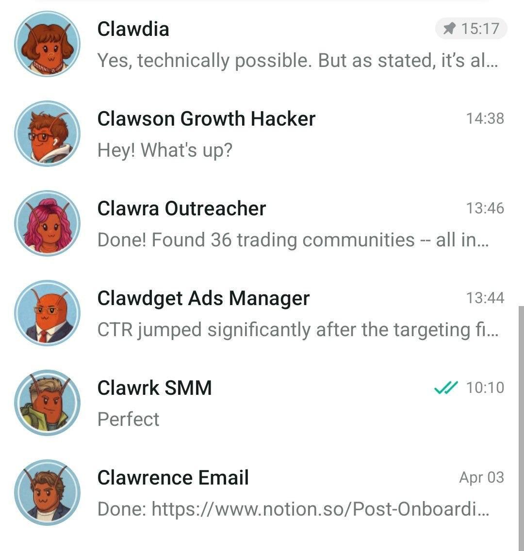 A list of six marketing AI agents with distinct roles in a work chat